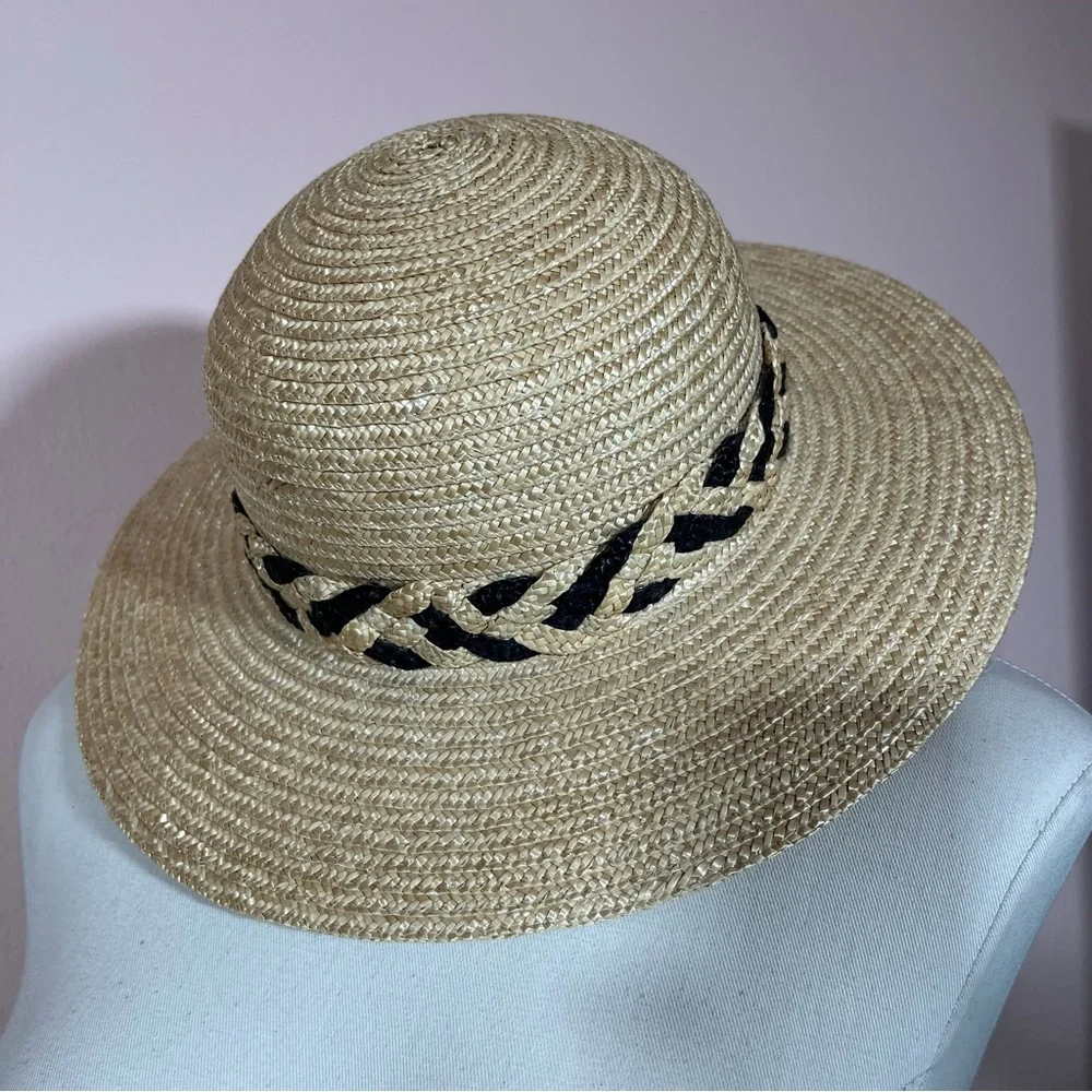 Vintage 90 Y2K Natural Straw Flat Wide brim Sunhat Coastal Grandma - Picture 6 of 14